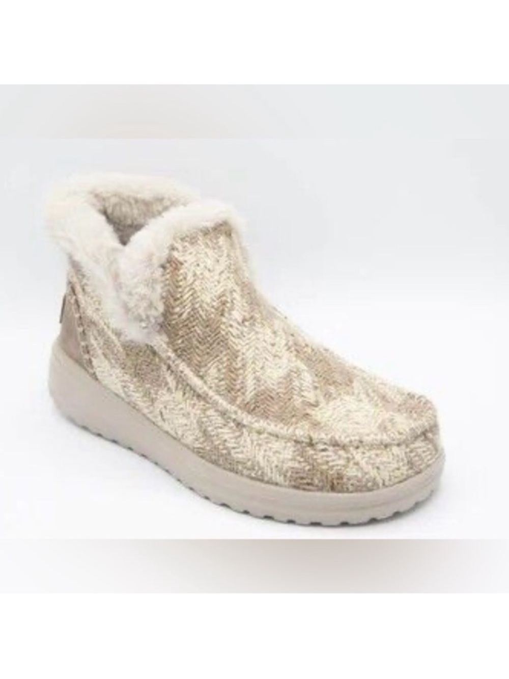Hey DUDE 8 Denny Cream Tan Gold Metallic Slip On Faux Fur Tweed Booties